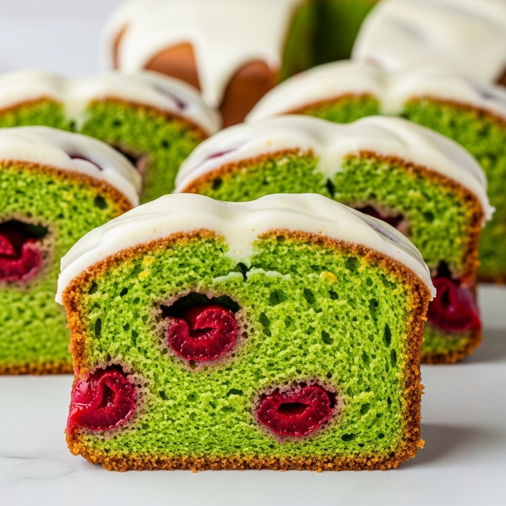 The image shows three thick slices of light green cake with a soft, spongy texture. The cake has small red cherry pieces scattered inside each slice, adding pops of red color. The top layer of each slice is covered with a smooth, white icing that contrasts with the green cake. The slices are arranged in a row, with the sides and bottom of the cake visible, and the background is a white marbled texture. photo taken with an iphone --ar 4:5 --v 7