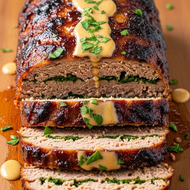 The image shows a close-up view of a thick, rectangular meatloaf cut into slices on a wooden surface. The meatloaf has a golden-brown crust with a slightly crispy texture and is dotted with green herbs inside, showing a moist and tender interior. The top layer has a light glaze that reflects light, making it look juicy, with extra sauce drizzled over the surface. Small sprinkles of chopped green herbs are scattered on top and around the slices. Photo taken with an iphone --ar 4:5 --v 7