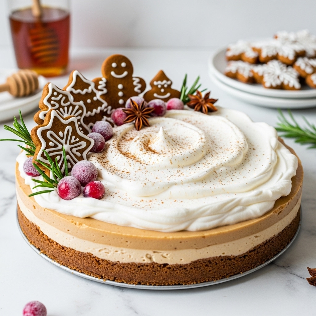 A pie with a thick brown crust holds two visible layers: a smooth light brown filling topped with a thick white whipped cream layer swirled with soft peaks and a light dusting of cinnamon. On top, there are several gingerbread cookies in various shapes decorated with white icing, some frosted red cranberries, star anise, and small green rosemary sprigs arranged in a small cluster near the edge. The pie is placed on a white marbled surface with a blurred honey bottle and a white plate stacked with more gingerbread cookies in the background. photo taken with an iphone --ar 4:5 --v 7