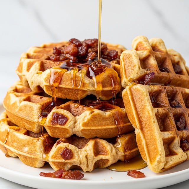 A close-up image of a stack of golden waffles with crispy edges piled on a white plate. The waffles have a light, fluffy texture with deep grids holding small pieces of caramelized bacon on top. A stream of syrup is being poured from above, creating a shiny glaze over the waffles. The background is a white marbled texture. Photo taken with an iphone --ar 4:5 --v 7
