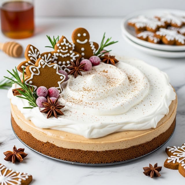 The image shows a round pie with three visible layers in a fluted tan pie dish. The bottom crust layer is a crumbly brown, likely gingerbread or similar. Above that is a smooth, light brown filling spread evenly. The top layer is a thick, creamy white swirl of whipped topping dusted with light brown cinnamon or nutmeg. On one side of the pie's surface, there are small gingerbread man cookies with white icing details, sugared red cranberries, small green rosemary sprigs, and star anise pods arranged decoratively. The background features a white marbled texture, with a jar of honey and a white plate of similar gingerbread cookies slightly blurred in the back. A metal cookie cutter and some scattered rosemary sprigs and star anise are also visible around the pie. Photo taken with an iphone --ar 4:5 --v 7