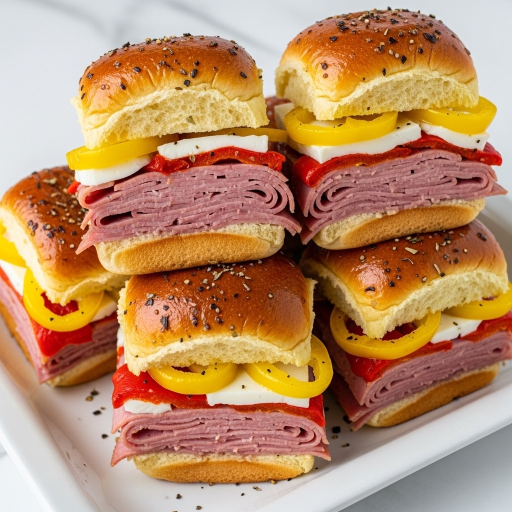 A close-up of small sandwich sliders stacked in a white dish on a white marbled surface, each slider has three main layers: the top and bottom are glossy golden brown buns sprinkled with herbs and black pepper, the middle contains folded layers of meat with pink and red hues, topped with melted white cheese and slices of bright yellow pepper rings and some red roasted pepper pieces, with a slight oily shine on the buns. The sandwiches are cut into squares and arranged in a pile showing the layers clearly. photo taken with an iphone --ar 4:5 --v 7