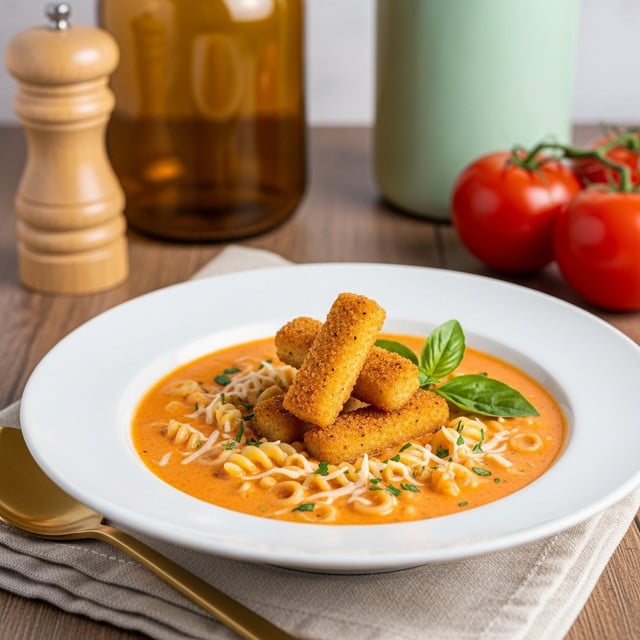 A white shallow bowl filled with creamy orange-pink tomato pasta soup, showing short spiral pasta and small round pasta floating throughout. On top, there are five golden breadcrumbed cheese sticks arranged in a small pile, garnished with fresh green basil leaves. The soup is sprinkled lightly with shredded white cheese and finely chopped parsley. The bowl sits on a beige cloth napkin with a gold spoon to the left, placed on a wooden table. In the blurry background, there is a wooden pepper grinder, a large amber glass bottle, a light green container, and two bright red tomatoes. Photo taken with an iphone --ar 4:5 --v 7