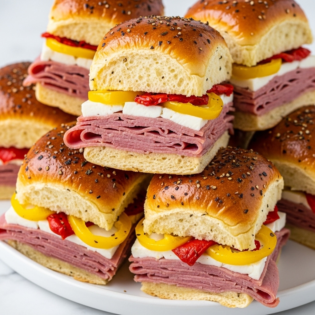 A close-up view of a sandwich square with four visible layers inside a white tray on a white marbled surface; the bottom layer is a soft, light golden brown bread base, followed by a thick layer of pinkish-red salami and ham mix, then a layer of melted white cheese with slices of yellow-green pickles and red roasted peppers on top, all covered by a golden brown top bread sprinkled with herbs and black pepper. One sandwich piece is stacked on another, with some pickled green rings scattered around. Photo taken with an iphone --ar 4:5 --v 7