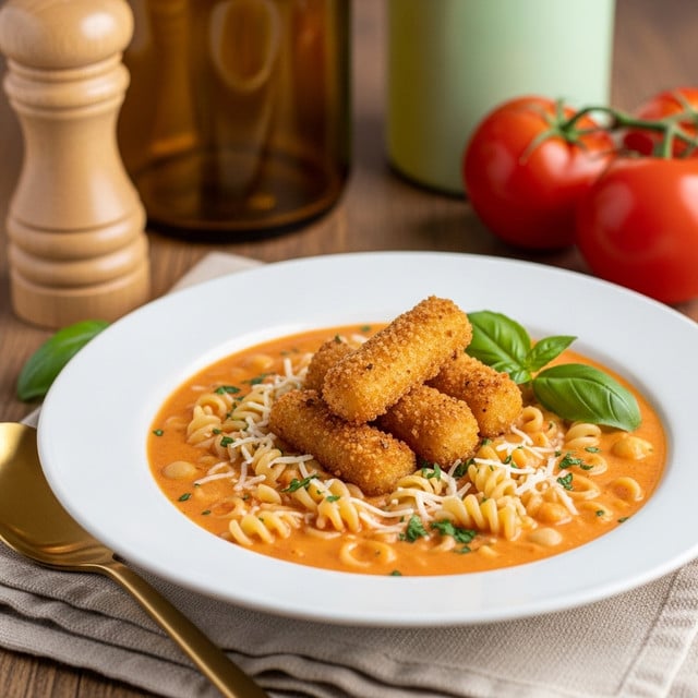 A white shallow bowl filled with a creamy tomato soup with pasta, showing a base layer of thick orange-red liquid with small pieces of diced tomatoes and herbs. Swirled into the soup are yellowish spiral and small ring-shaped pasta, giving it texture. On top, there’s a sprinkle of grated white cheese and chopped green herbs. At the center, a small pile of crunchy golden-brown croutons topped with a fresh green basil leaf. The bowl sits on a light beige cloth napkin on a wooden table, with a blurred wooden pepper grinder, a large amber glass bottle, fresh red tomatoes, and a pale green container in the background. photo taken with an iphone --ar 4:5 --v 7