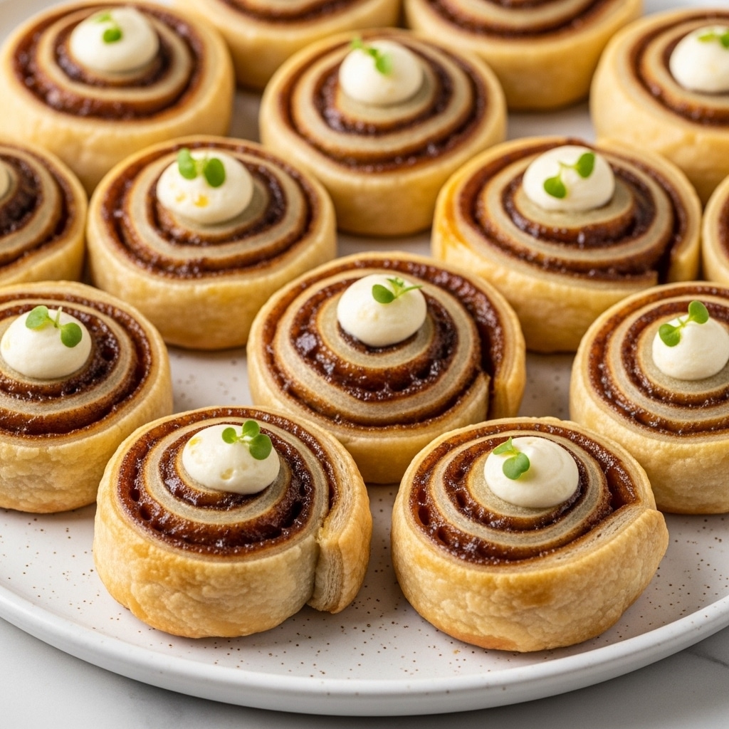 The image shows a close-up of golden brown pastry pinwheels arranged closely on a white plate with a subtle speckled pattern, set on a white marbled surface. Each pinwheel has multiple layers: the outer crust is flaky and light golden, inside are swirls of a darker caramelized filling, with small dollops of creamy white cheese nestled in the center of each swirl. The pinwheels are topped with small green sprigs of fresh herbs, adding a contrast of color against the warm tones of the pastry and filling. photo taken with an iphone --ar 4:5 --v 7