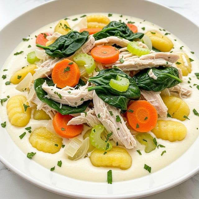 The dish shows one layer of soft, light yellow gnocchi pieces scattered evenly on the bottom, surrounded by a creamy white sauce with a smooth texture. On top of this base, there is a mixed layer of cooked orange carrot chunks and dark green wilted spinach leaves, accompanied by shredded white chicken pieces that add a fibrous texture. Small bits of translucent onion and light green slices of celery are visible mixed throughout. The whole dish is garnished with tiny sprinkled bits of fresh green parsley. It is presented in a white bowl set on a white marbled surface. Photo taken with an iphone --ar 4:5 --v 7