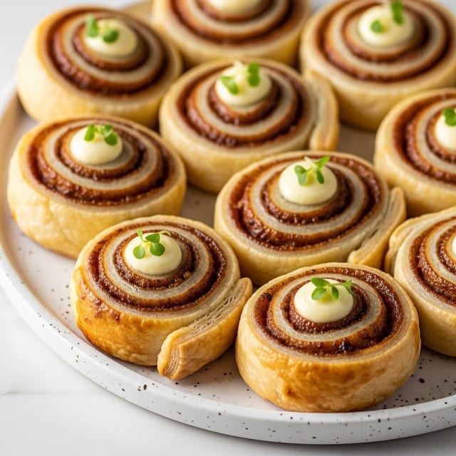 The image shows a close-up of a plate filled with golden-brown puff pastry pinwheels, each about two layers thick. The pastry layers are flaky and crisp, with visible swirls of a dark caramelized filling inside. There is a creamy, slightly melted white cheese layer dotted inside the pinwheels, topped with small green herb sprigs, likely thyme, adding a fresh touch. The pinwheels sit on a speckled grey plate, set on a white marbled textured surface. photo taken with an iphone --ar 4:5 --v 7