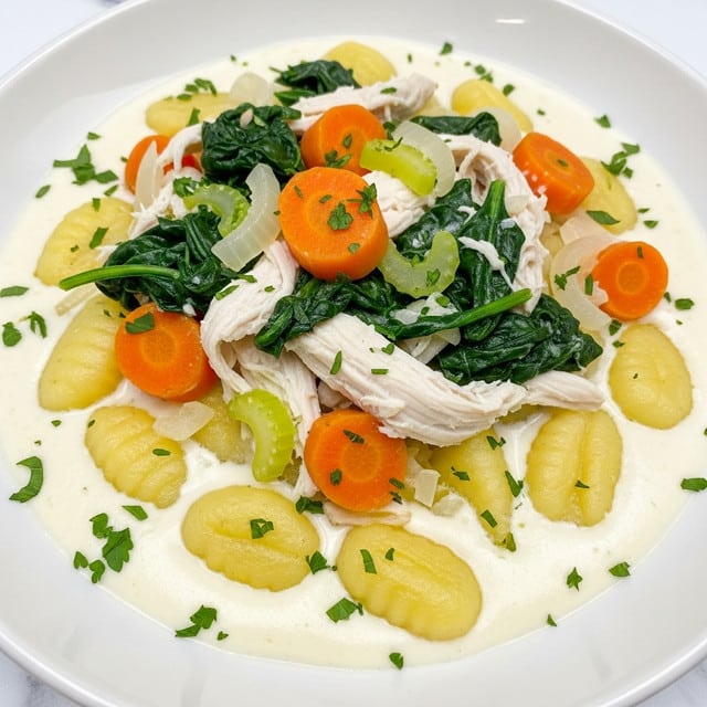 A close-up of a white bowl filled with creamy soup showing three visible layers: the base layer is a smooth off-white creamy broth, the middle layer has soft light yellow gnocchi scattered evenly, and the top layer is a colorful mix of shredded pale chicken, chopped bright orange carrots, dark green spinach leaves, and small pieces of light green celery, all garnished with small bits of green herbs. The bowl is placed on a white marbled texture. photo taken with an iphone --ar 4:5 --v 7