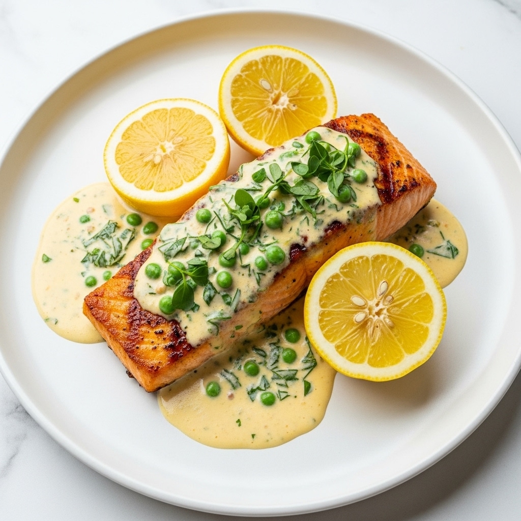 A piece of salmon with a crispy, golden-brown grilled top layer sits in the center of a round white plate. The salmon is topped with a creamy light yellow sauce that has fresh green herb pieces and small green peas scattered across. Three lemon halves, bright yellow and shiny, are placed around and on top of the salmon, slightly soaked in the sauce. The sauce pools around the salmon, showing a smooth and slightly thick texture. The background surface is a white marbled texture. photo taken with an iphone --ar 4:5 --v 7