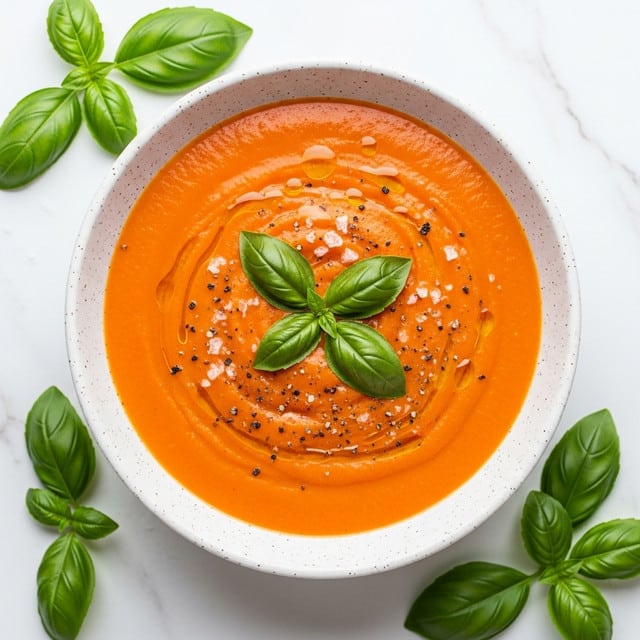 A white speckled bowl filled with smooth, bright orange tomato soup, swirled gently on the surface. The soup is topped with a small cluster of fresh green basil leaves in the center, scattered coarse salt grains, and cracked black pepper. Light droplets of olive oil glisten on top, adding shine. Around the bowl, fresh basil leaves are placed on a white marbled background, enhancing the fresh and clean look. photo taken with an iphone --ar 4:5 --v 7
