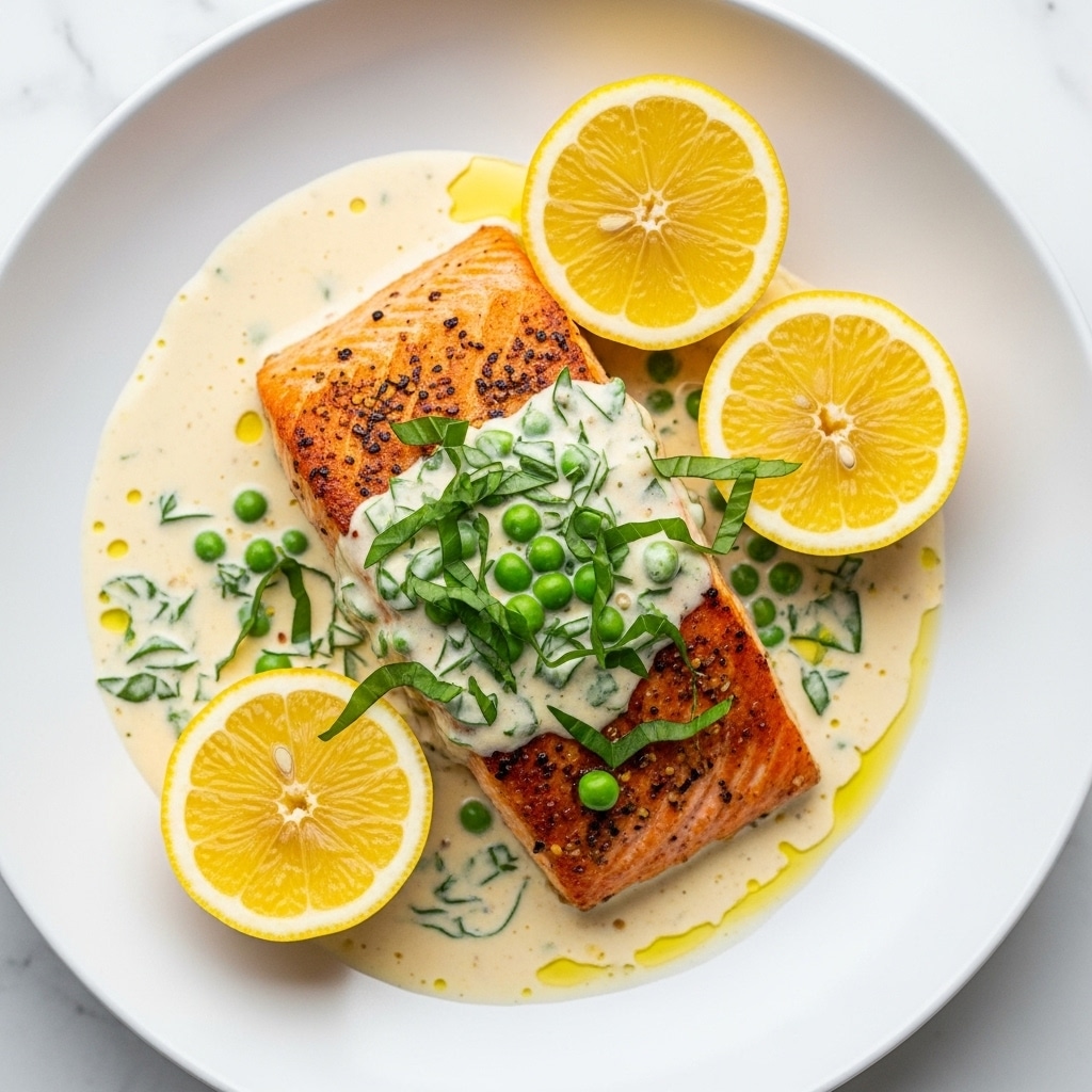 A close-up of a golden brown grilled salmon fillet resting on a shallow white bowl filled with creamy light yellow sauce. The sauce has green peas and chopped fresh green herbs scattered throughout, with halved yellow lemons placed on top and around the fish. The salmon has clear grill marks and a slightly crispy texture on the edges, contrasting with the smooth, rich sauce. The background is a white marbled texture. photo taken with an iphone --ar 4:5 --v 7