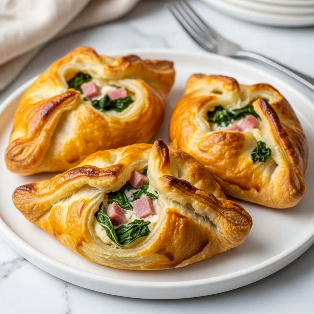 The image shows three golden brown puff pastry turnovers placed on a round white plate. Each turnover has a crinkled, flaky crust with browned, crispy edges. The pastries are folded over, revealing a creamy filling inside that contains green leafy pieces and small bits of pink meat or ham. The turnovers have a slightly shiny, baked finish with some parts more browned for texture. The plate sits on a white marbled surface with a blurry cream-colored cloth and silver fork nearby. photo taken with an iphone --ar 4:5 --v 7