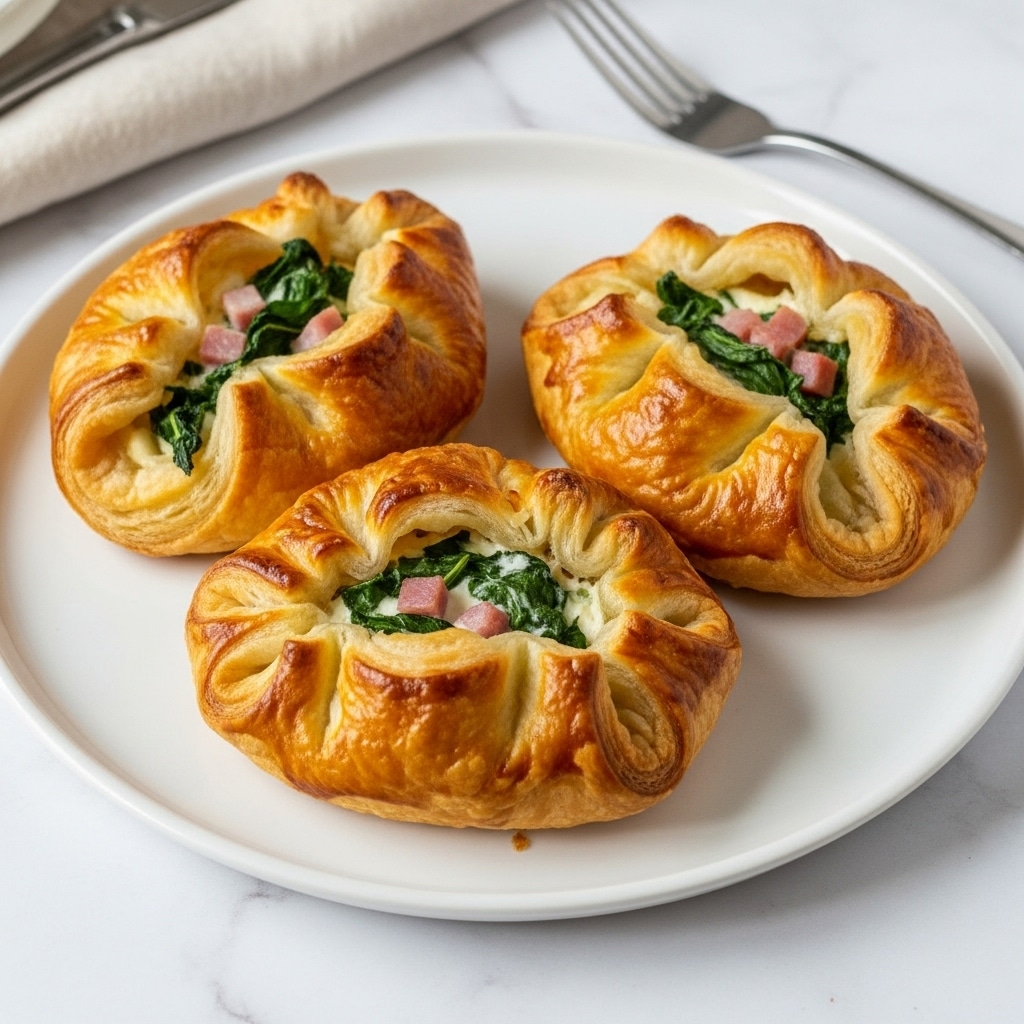 The image shows flaky golden brown puff pastry turnovers on a white plate. Each turnover has a rustic square shape with edges folded over to partly cover the creamy white filling inside, which includes visible green spinach leaves and small bits of pink ham. The pastry layers are crisp and textured, with some areas puffed up and browned from baking. The turnovers rest on a white marbled surface, with a light beige cloth and silver fork nearby. Photo taken with an iphone --ar 4:5 --v 7