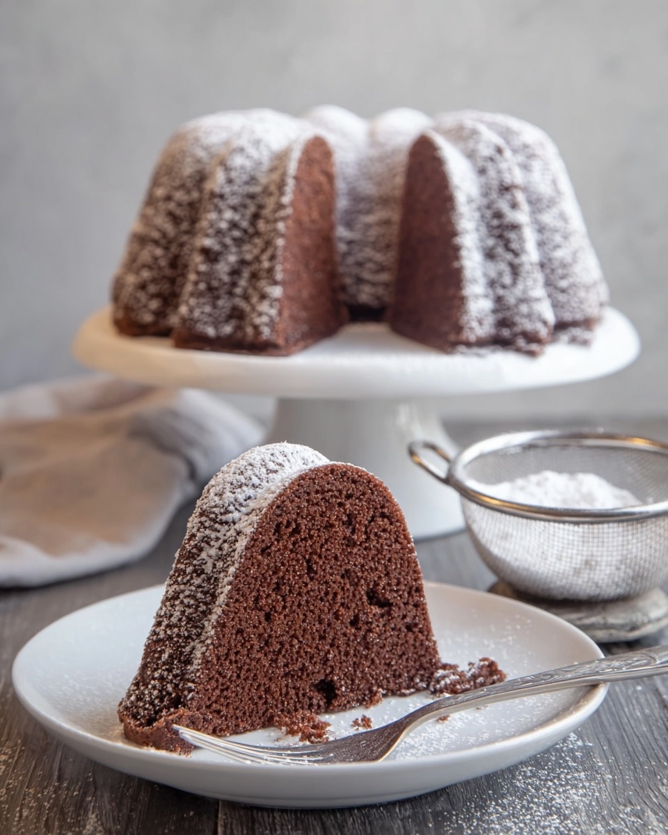 A single slice of chocolate bundt cake is placed upright on a white plate, showing its dense, moist texture with a dark brown color. The cake slice is lightly dusted with powdered sugar, giving a soft white contrast on top and some crumbs around the base. Behind the slice, the rest of the bundt cake, also dusted with powdered sugar, stands on a white cake stand. To the side, there is a small metal sieve filled with powdered sugar resting on a white marbled surface. A small silver fork lies on the plate near the slice. The background has a soft, blurred neutral tone. photo taken with an iphone --ar 4:5 --v 7