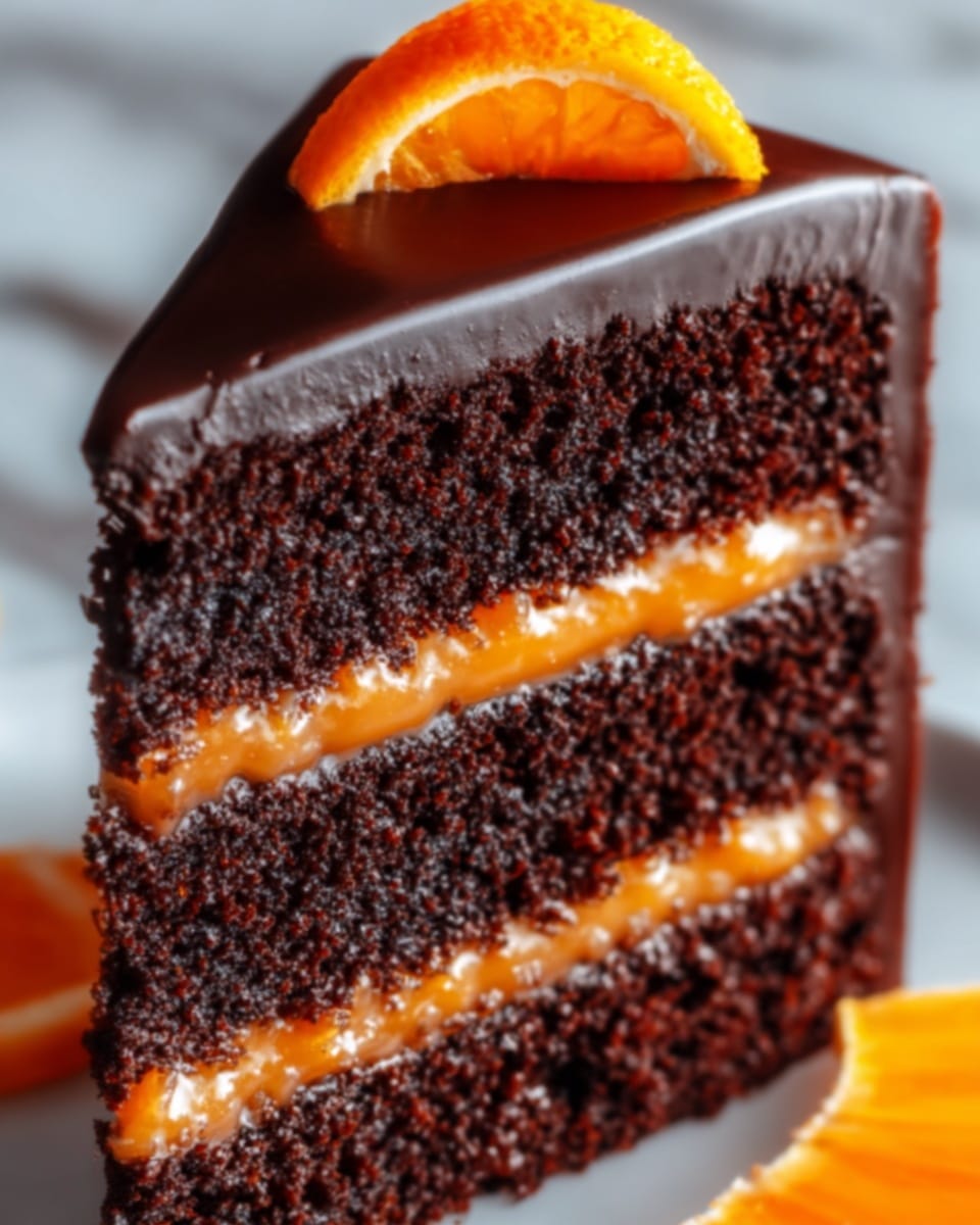 The image shows a close-up of a tall slice of chocolate cake with three thick layers of dark, soft chocolate sponge separated by two smooth, bright orange candy filling layers. The top of the cake is covered with glossy, rich dark chocolate ganache and decorated with a thin slice of bright orange peel. The cake is placed on a white plate on a white marbled surface, highlighting the deep brown and vibrant orange colors of the dessert. Photo taken with an iphone --ar 4:5 --v 7