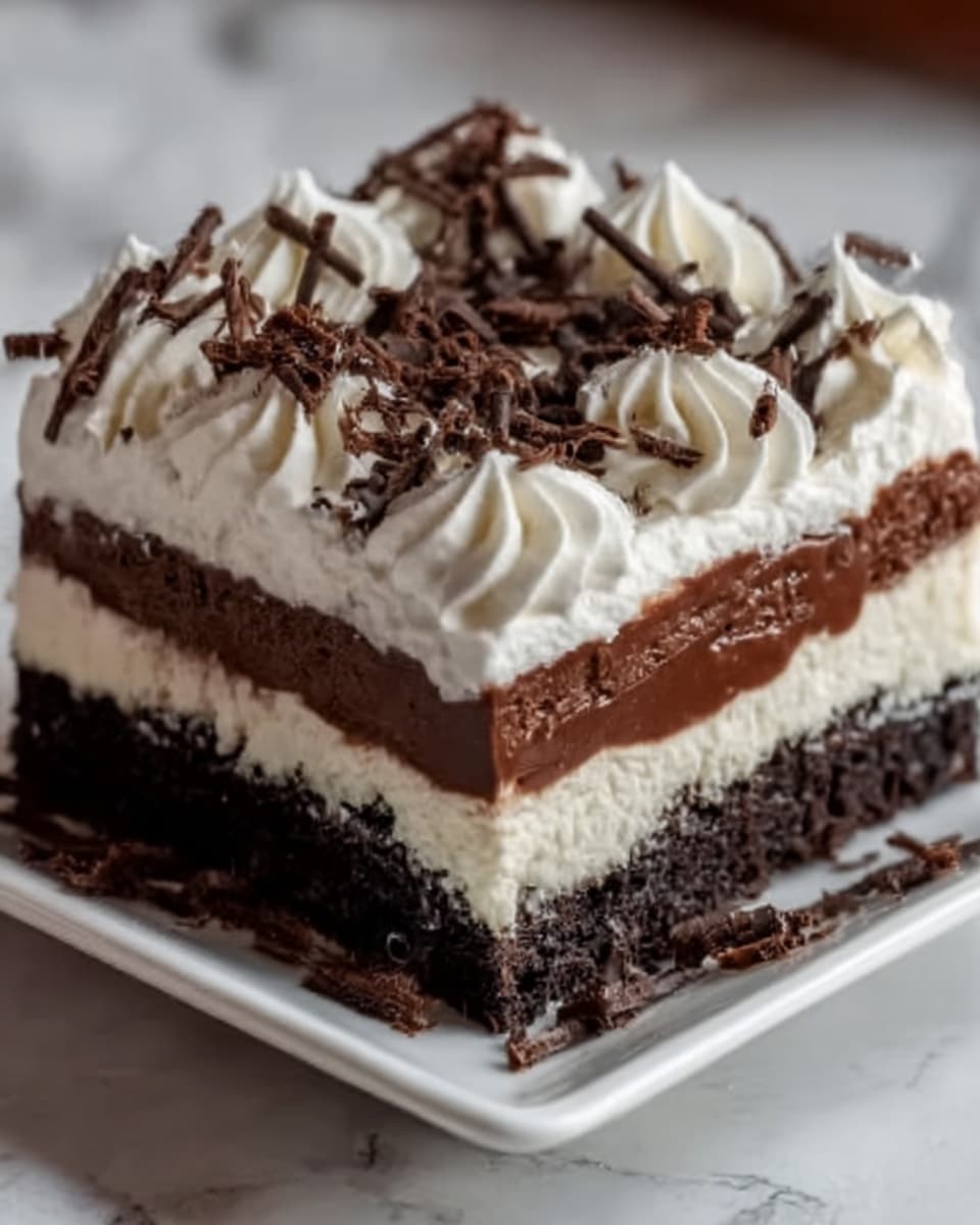 A square piece of layered chocolate dessert sits on a white square plate placed on a white marbled surface. The bottom layer is a dark, moist chocolate cake, topped by a thick, creamy white layer that looks smooth and soft. Above this is a rich chocolate layer with a glossy, shiny texture. The top is decorated with swirls of white cream, each topped with thin, curly dark chocolate shavings scattered across the surface and plate. The dessert looks moist and rich, with clear layers visible from the side. Photo taken with an iphone --ar 4:5 --v 7