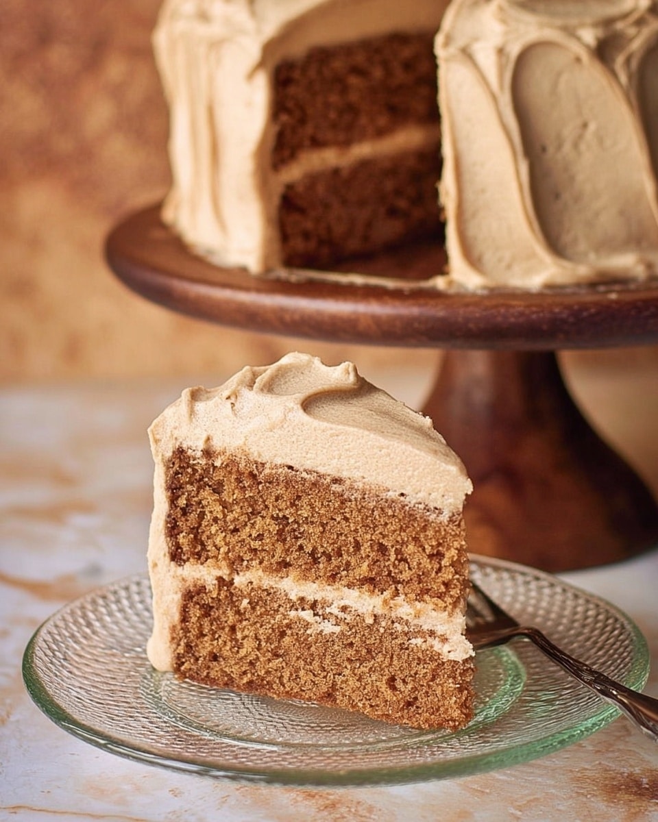 A slice of two-layer brown cake with a smooth light brown frosting covers the outside and fills the middle layer, sitting on a clear textured glass plate. The cake shows a soft, moist crumb texture, while the frosting is creamy and thick. Behind, the rest of the cake on a wooden cake stand is fully frosted with the same light brown cream. The background is a soft blend of warm brown colors, and the surface below the plate is a white marbled texture. photo taken with an iphone --ar 4:5 --v 7