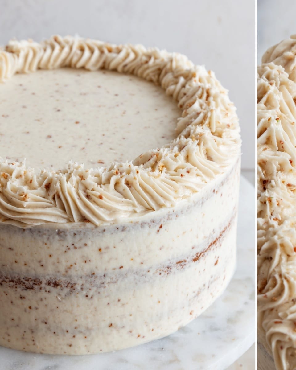 A close-up view of a three-layer cake covered with creamy white frosting that has small brown specks. The frosting is spread evenly on the top and sides but allows parts of the cake layers to show through slightly. Around the top edge, there is a decorative border made of piped swirls of the same frosting, giving it a textured and elegant look. The cake is set against a white marbled background. Photo taken with an iphone --ar 4:5 --v 7