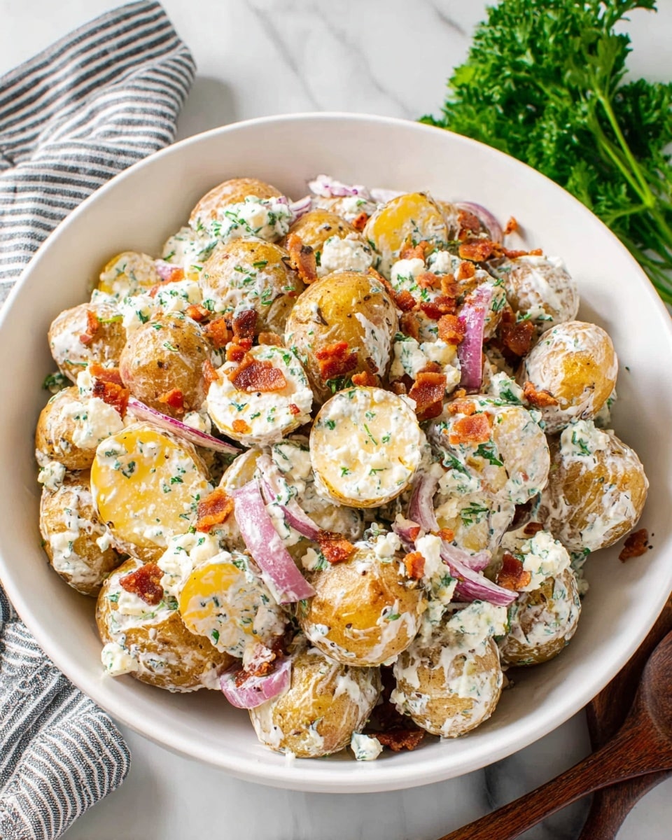 In a white bowl, there is a creamy potato salad made from about two layers of halved golden brown baby potatoes, mixed with thin red onion slices and bits of green herbs. The salad is covered in a white creamy dressing with small green herb pieces spread evenly. There are also small crumbles of white cheese and broken pieces of crispy brown bacon scattered throughout, adding texture and color contrast. The bowl is placed on a white marbled surface, with green parsley and dark wooden utensils nearby, and a striped grey and white cloth in the background. Photo taken with an iphone --ar 4:5 --v 7