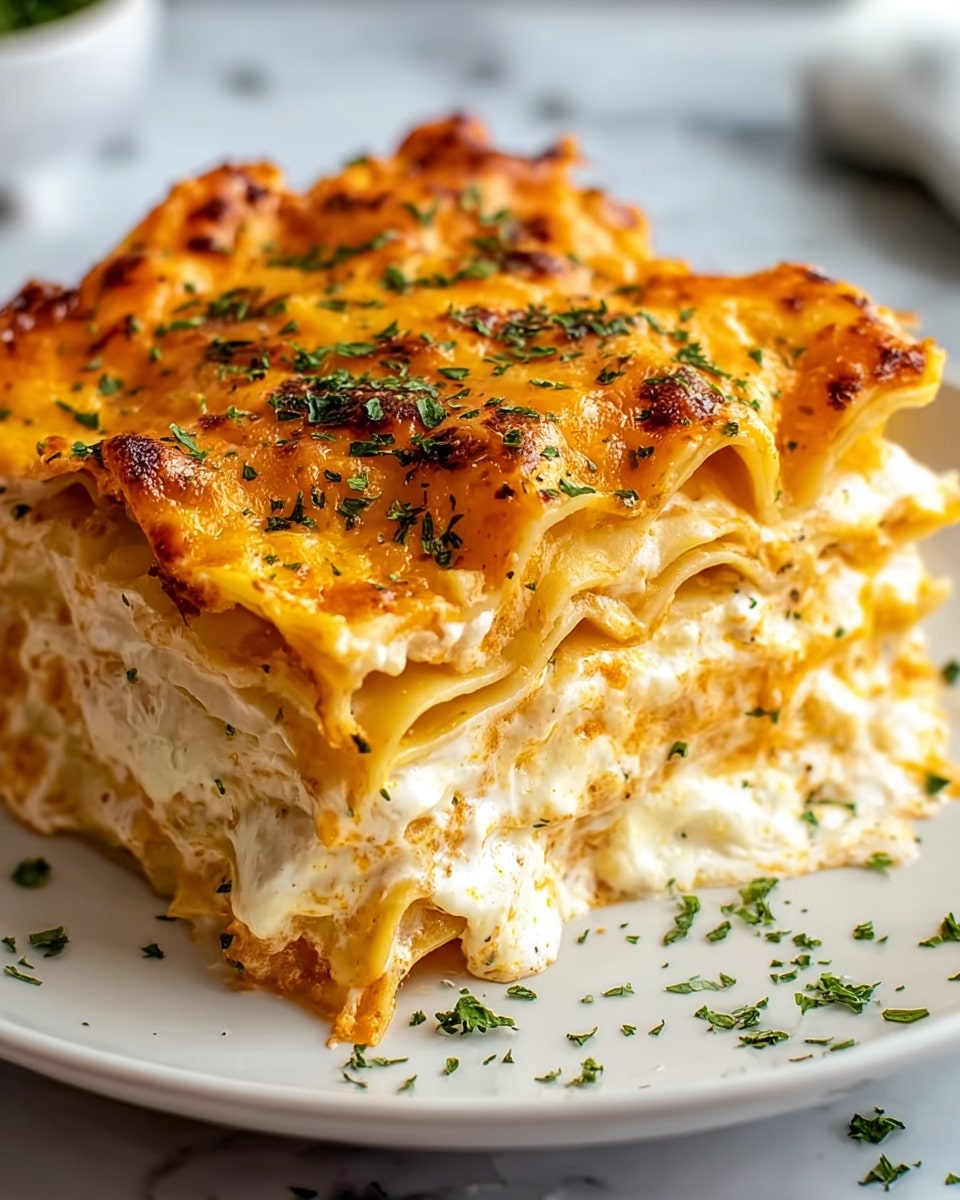 A close-up of a thick piece of lasagna on a white plate, showing five layers of pasta sheets with creamy white cheese filling between each layer. The top is a golden-orange melted cheese with a slightly browned texture, sprinkled with green herbs. The edges of the pasta are soft and slightly curled, and some cheese is oozing out from the sides. The plate sits on a surface with a white marbled texture, with little green herb bits scattered around. photo taken with an iphone --ar 4:5 --v 7