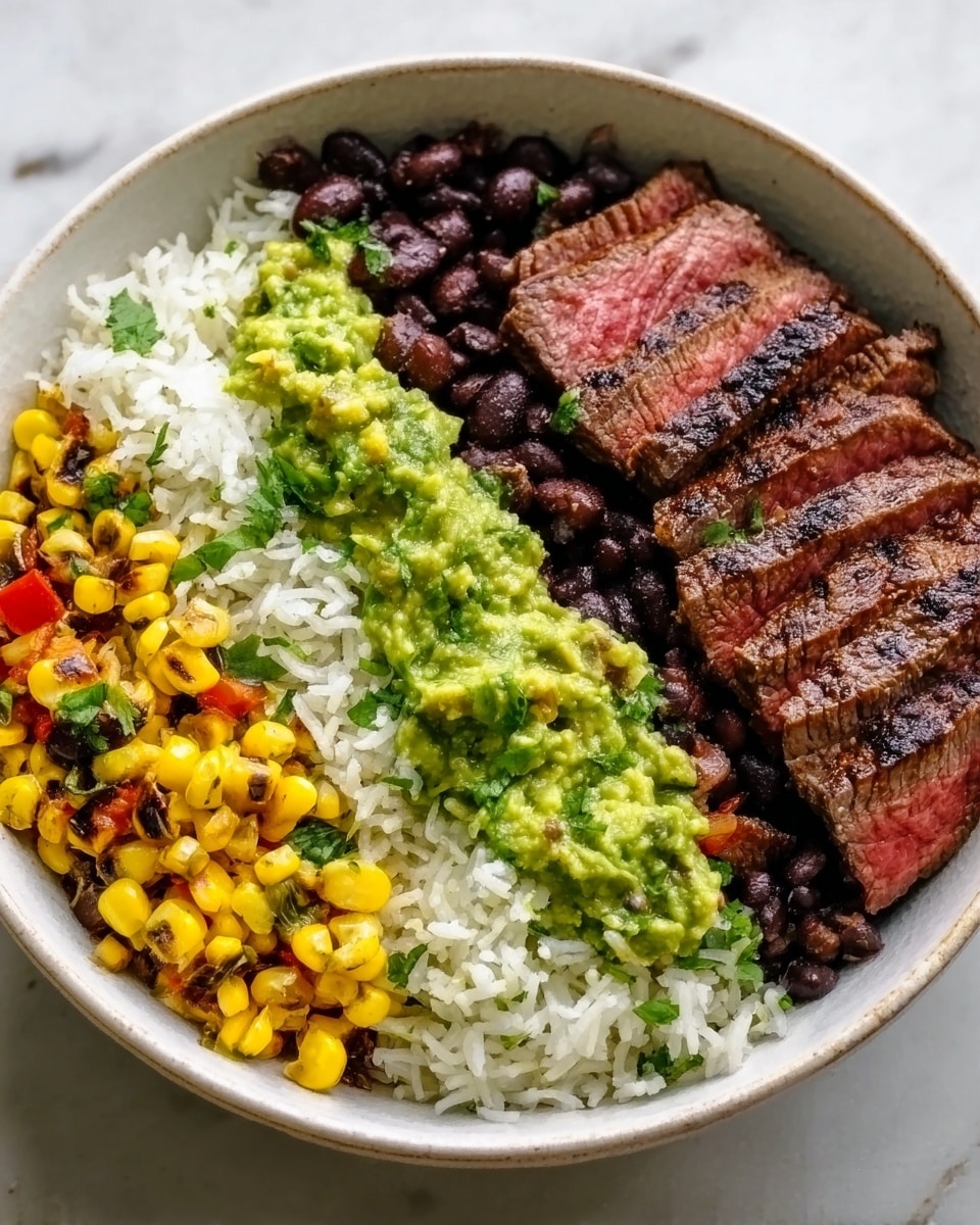 A white bowl filled with four distinct layers arranged side by side: shredded white rice forms the base layer on one side, topped with charred yellow corn kernels; next to it, there is a layer of black beans with a slightly shiny texture, and beside the beans, bright green guacamole spreads smoothly. On the far side, slices of medium-rare steak with a pink center and a browned crust are neatly lined up. The bowl is placed on a white marbled surface. Photo taken with an iphone --ar 4:5 --v 7