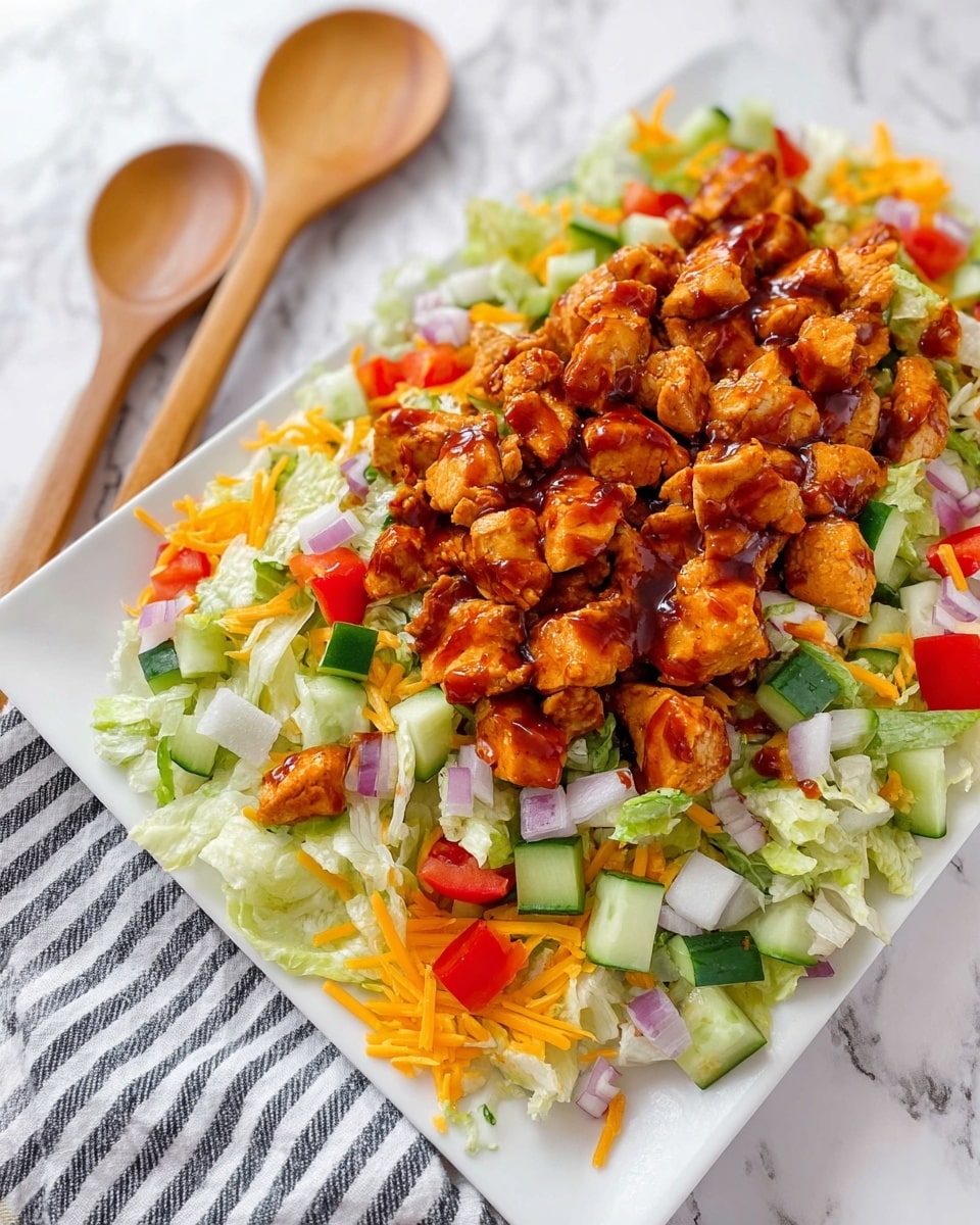 A white square plate is filled with a colorful salad made of several layers: the bottom layer consists of light green chopped lettuce, sprinkled with small pieces of bright orange shredded cheese, finely chopped white onion, and cubes of green cucumber and red bell pepper. On top, evenly spread chunks of golden-brown cooked chicken coated in a glossy barbecue sauce cover the salad, adding a rich and shiny texture. The plate rests on a white marbled surface, with a striped cloth and two wooden spoons next to it. Photo taken with an iphone --ar 4:5 --v 7