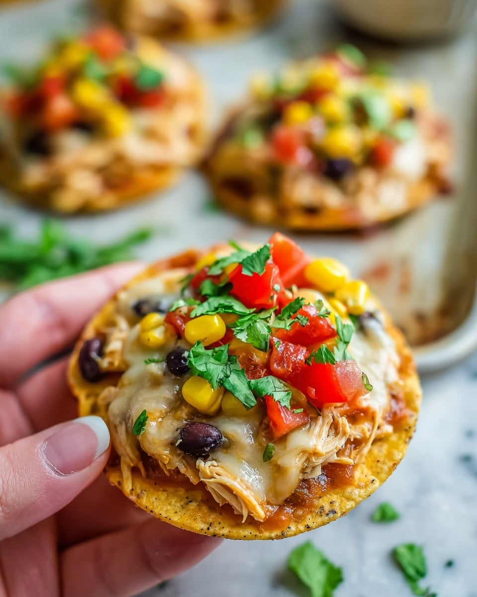 A close-up of a small round tostada held by a woman's hand, showing three main layers: a golden crispy tortilla base, a melted creamy light yellow cheese layer with shredded light brown chicken and black beans scattered on top, and a colorful fresh topping of bright red diced tomatoes, yellow corn kernels, and green cilantro leaves. In the blurred background, more similar tostadas rest on a white marbled textured surface with bits of cilantro sprinkled around. photo taken with an iphone --ar 4:5 --v 7