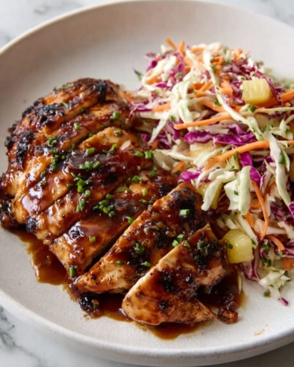 The image shows a white plate with sliced grilled chicken on the left side, covered in a dark brown glaze with a slightly shiny and sticky texture. The chicken is cut into thick, juicy pieces arranged neatly. On the right side of the plate, there is a colorful coleslaw made of shredded purple cabbage, orange carrots, and light green cabbage, mixed with thin slices of pineapple, giving a fresh and crunchy look. Small green herb pieces are sprinkled both on the chicken and the slaw for garnish. The plate sits on a surface with a white marbled texture. Photo taken with an iphone --ar 4:5 --v 7
