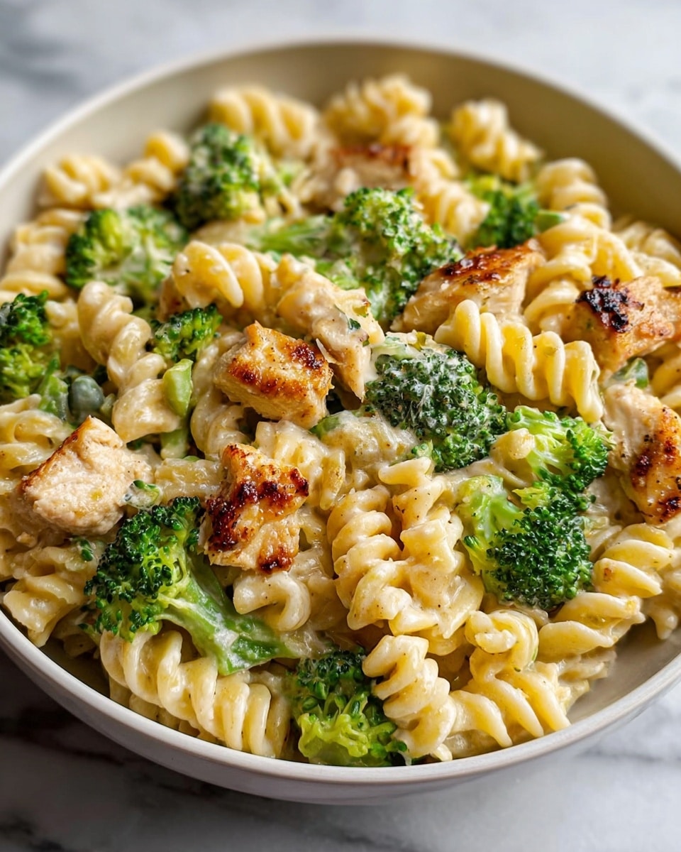 The image shows a close-up of a white bowl filled with creamy pasta. The pasta is light yellow rotini, with small grilled chicken pieces that are golden brown with slight charring, mixed evenly throughout. Bright green broccoli florets are also mixed in, adding texture and color contrast. The creamy sauce lightly coats each spiral of pasta, giving a smooth and rich look. The bowl sits on a white marbled surface. photo taken with an iphone --ar 4:5 --v 7