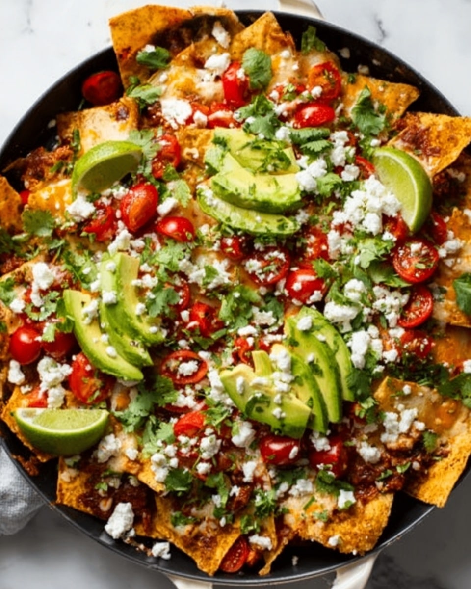 A white round dish filled with a colorful layer of crispy nacho chips as the base, topped with melted cheese, small red cherry tomatoes, crumbled white cheese, fresh bright green cilantro, and slices of creamy avocado. Thin lime wedges are placed on top, adding a fresh touch. The ingredients are spread unevenly but generously over the chips, creating a mix of red, green, white, and golden brown colors with a textured, inviting look. The dish sits on a white marbled surface. Photo taken with an iphone --ar 4:5 --v 7