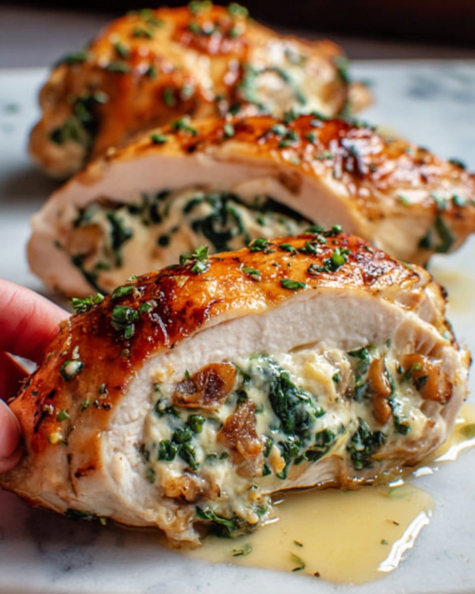 The image shows a close-up of a cooked chicken breast cut open to reveal a creamy filling inside. The chicken is golden brown with slightly crispy skin on top, sprinkled with small green herbs. Inside, the filling is white and creamy with visible pieces of green spinach and small bits of browned cheese or mushrooms. The chicken pieces are laid on a white marbled surface with some light sauce pooling around them. A woman's hand is holding one piece gently. Photo taken with an iphone --ar 4:5 --v 7