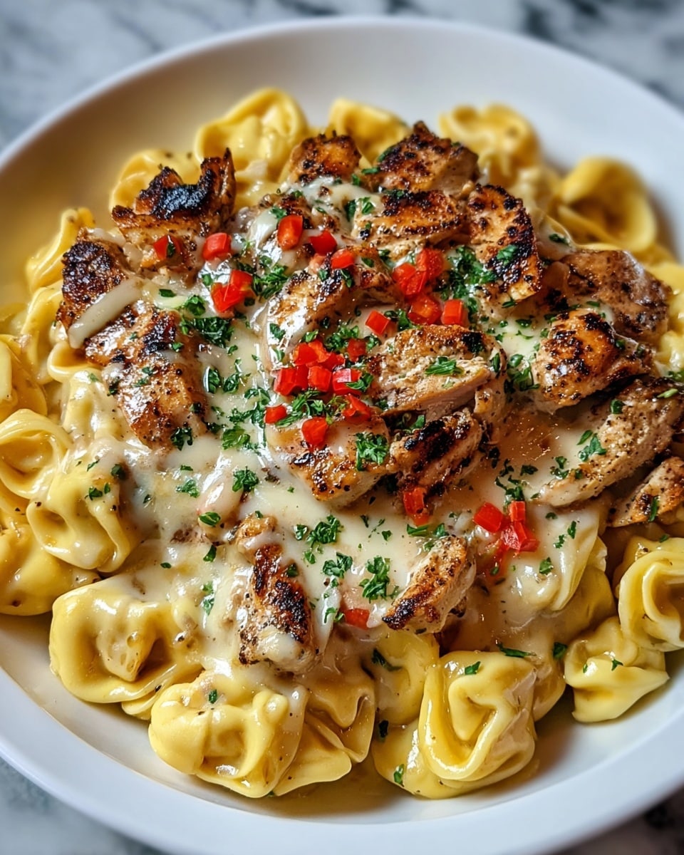 A white plate holds a rich tortellini pasta dish with three main layers. The bottom layer is golden-yellow tortellini pasta, cooked and slightly glossy. On top of the pasta, there are pieces of grilled chicken that are browned with visible char marks, giving a textured look. The top layer is creamy melted cheese covering the chicken, dotted with small chopped red peppers and sprinkled with finely chopped green parsley, adding color contrast to the dish. The plate sits on a white marbled texture. photo taken with an iphone --ar 4:5 --v 7