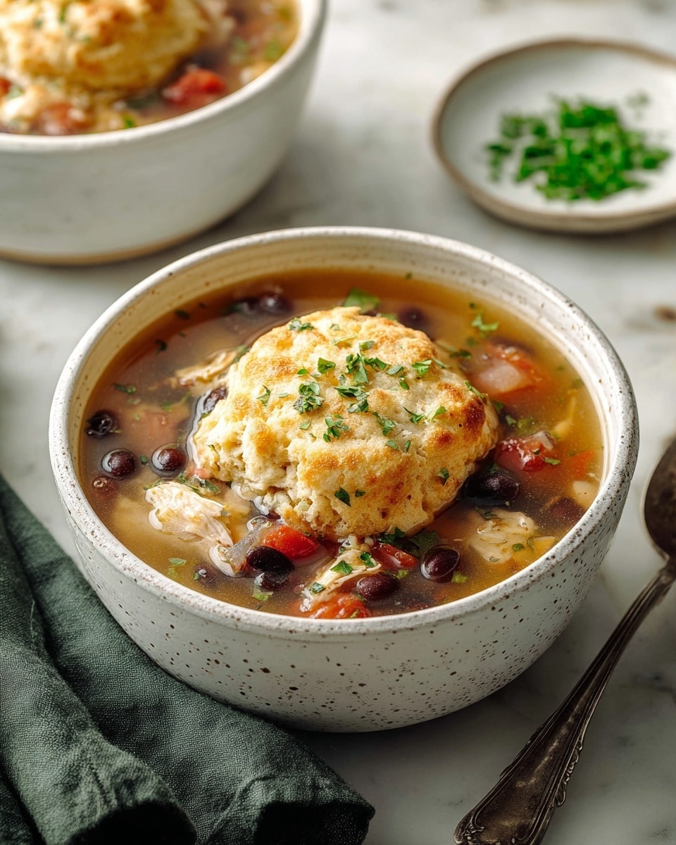 The image shows a white speckled bowl filled with soup containing clear broth with visible pieces of grilled chicken, black beans, and red tomato chunks scattered throughout. On top of the soup is a single large biscuit that is golden brown with a slightly crispy texture and sprinkled with small green herb bits. The bowl sits on a white marbled surface with another bowl of soup slightly blurred in the background. To the right of the bowl is a vintage silver spoon resting on a folded dark green cloth napkin, and a small white plate with finely chopped green herbs is positioned behind the bowl. The overall look is warm and comforting. photo taken with an iphone --ar 4:5 --v 7