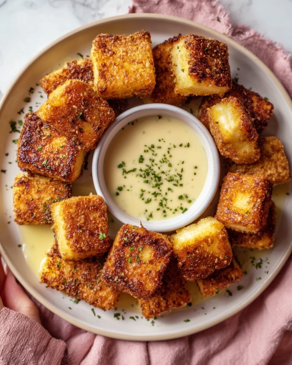 The image shows a white plate filled with golden-brown cubes of fried cheese with crispy, textured edges and soft, melty centers. The cubes are arranged in a circular formation around a small white bowl of creamy, pale yellow dipping sauce topped with small green herb pieces. The plate sits on a soft pink cloth over a white marbled background. Small green herb sprinkles are scattered lightly on the plate around the cheese cubes. A woman's hand reaches slightly from the side toward the plate. Photo taken with an iphone --ar 4:5 --v 7