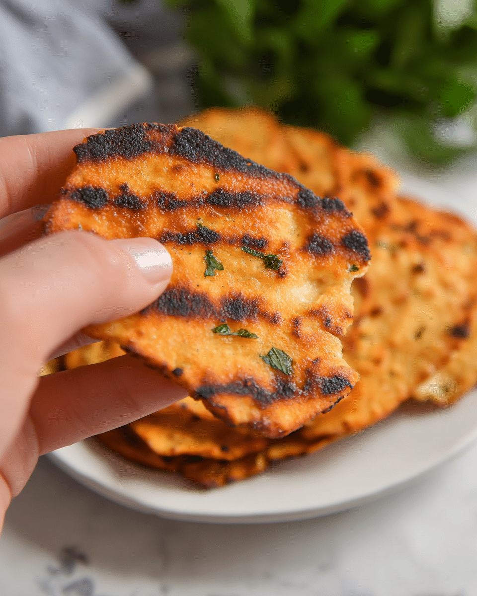 A close-up of a grilled flatbread chip held by a woman's hand with a light skin tone, showing a crispy texture with charred lines in dark brown and orange shades across its uneven surface; the chip has some small green herb bits and is slightly burnt around the edges. In the background, there is a white plate with more similar chips stacked, displaying a mix of golden orange and brown colors, all resting on a white marbled surface with green leaves blurred behind the plate. photo taken with an iphone --ar 4:5 --v 7