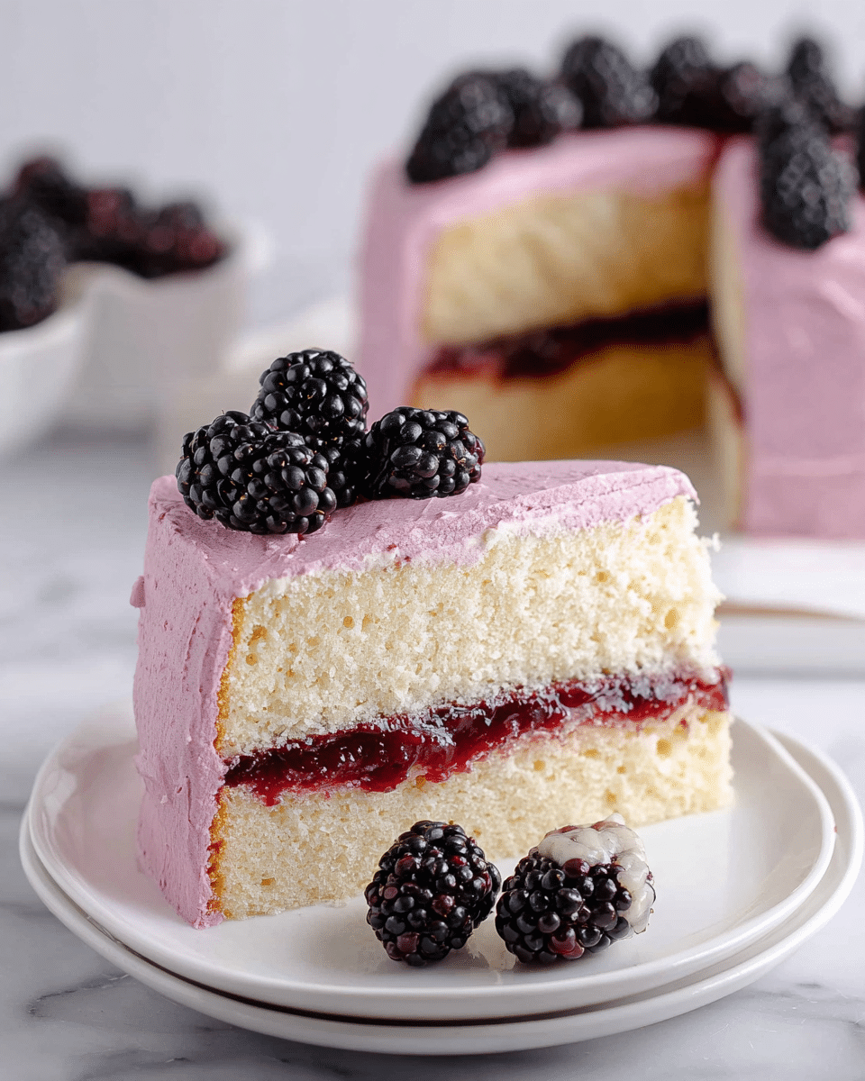 A slice of two-layer white sponge cake on a white plate, with a dark red berry jam filling between the layers and a smooth, thick pinkish-purple frosting covering the top and sides. The top layer is decorated with three fresh blackberries, and three more blackberries sit on the plate near the slice. In the background, the rest of the cake is visible, covered in the same pinkish-purple frosting and decorated with blackberries, all set on a white marbled surface. photo taken with an iphone --ar 4:5 --v 7