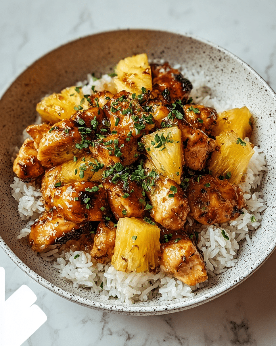 This image shows a dish served in a white bowl with a speckled pattern. The bottom layer is white rice with visible grains, topped with chunks of golden-brown grilled chicken coated in a shiny sauce. Scattered among the chicken are bright yellow, juicy pineapple pieces. The dish is finished with a sprinkle of finely chopped green herbs on top. The background is a white marbled texture. photo taken with an iphone --ar 4:5 --v 7
