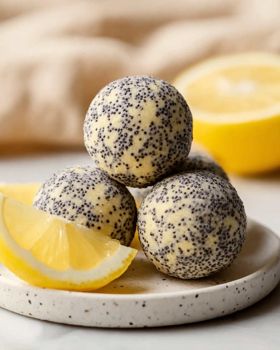 A close-up of four round balls covered in small black seeds, with a pale yellow dough-like texture, stacked in a pyramid shape on a white speckled plate, surrounded by fresh lemon wedges on a white marbled surface with a soft beige cloth blurred in the background, photo taken with an iphone --ar 4:5 --v 7