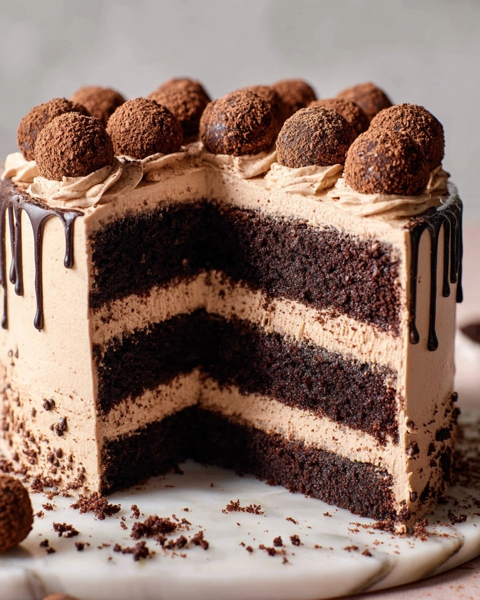 A tall chocolate cake with four dark brown, moist layers stacked with light brown creamy frosting between each layer, topped with a smooth light brown frosting layer that has dark chocolate drizzle drops. On top, round truffles covered in cocoa powder sit in a neat row around the edge. The cake is on a white marbled surface with crumbs and truffle balls scattered nearby, showing a slice missing to reveal the thick layers inside. photo taken with an iphone --ar 4:5 --v 7