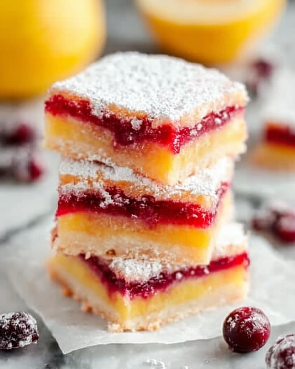 A stack of three square dessert bars is shown, each with three distinct layers: a pale golden crust on the bottom, a vibrant red berry filling in the middle, and a thick yellow lemon layer on top. The top is dusted heavily with fine white powdered sugar, giving a soft, snowy look. The stack sits on a white marbled surface with a white parchment paper underneath, with a few dark red berries scattered nearby and half a lemon blurred in the background. The textures of the crust are firm and crumbly, the berry layer looks juicy and slightly translucent, and the lemon layer appears smooth and glossy. Photo taken with an iphone --ar 4:5 --v 7