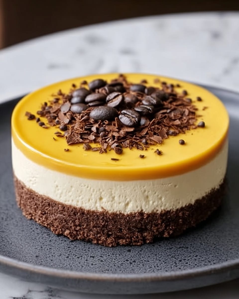 The image shows a round layered dessert with three distinct layers on a dark gray plate placed on a white marbled surface. The bottom layer is a dark brown crumbly base with a rough texture. Above it is a thick, smooth white cream layer in the middle. The top layer is a shiny, bright yellow glaze covering the entire surface. On top of the dessert, there are chocolate shavings and coffee beans scattered in the center, creating a textured, rich decoration. The photo taken with an iphone --ar 4:5 --v 7