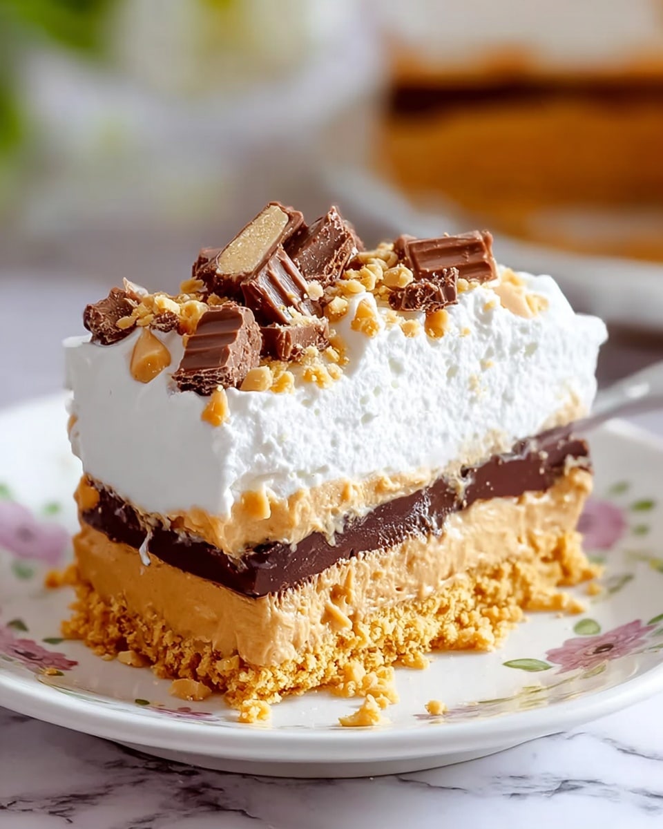 A slice of layered dessert on a white plate with a floral pattern, placed on a white marbled surface. The dessert has four layers: the bottom layer is crumbly and golden brown, the second layer is thin and dark chocolate, the third layer is thick and creamy light peanut butter color, and the top layer is fluffy and white whipped cream. The whipped cream layer is decorated with small pieces of peanut butter chocolate candy and crushed nuts scattered on top. In the background, the whole dessert is slightly blurred. Photo taken with an iphone --ar 4:5 --v 7
