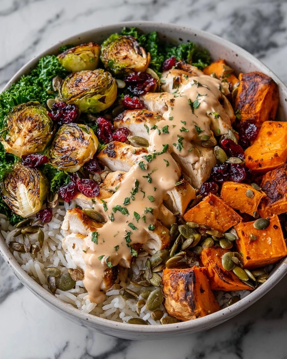A white bowl holds a colorful layered meal starting with a base of white rice mixed lightly with pumpkin seeds. On the left side, there are bright green cooked kale leaves topped with halved Brussels sprouts that are charred brown on the cut sides, scattered with red dried cranberries and more pumpkin seeds. In the center, there is a layer of grilled chicken breast cut into thick slices, sitting on the rice and topped with a smooth, light brown creamy sauce and sprinkled with finely chopped green herbs. On the right side, there are large chunks of roasted sweet potatoes with browned edges, scattered pumpkin seeds, and a few cranberries for contrast. The bowl sits on a white marbled surface. photo taken with an iphone --ar 4:5 --v 7