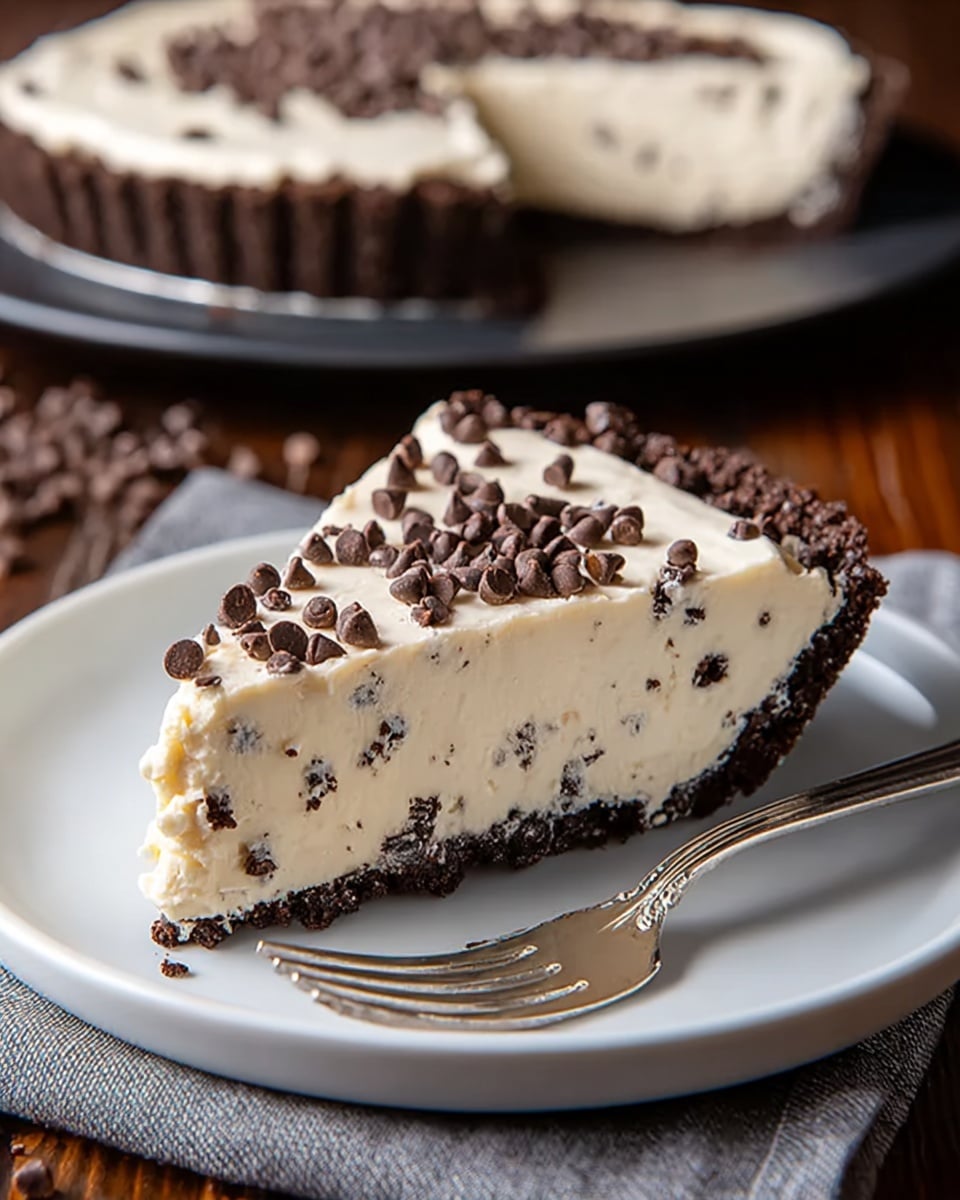 A slice of pie with three visible layers sits on a white plate. The base layer is dark brown and crumbly, looking like a chocolate cookie crust. Above it is a thick, creamy layer of light beige filling mixed with small chocolate bits, giving it a smooth texture with dark specks inside. On top, there is a thin layer of creamy white frosting sprinkled generously with small dark chocolate chips. Next to the pie slice on the plate is a small silver fork. In the background, part of the whole pie with the same layers and chocolate chips is visible on a dark plate, all set on a wooden table with a grey cloth nearby. photo taken with an iphone --ar 4:5 --v 7
