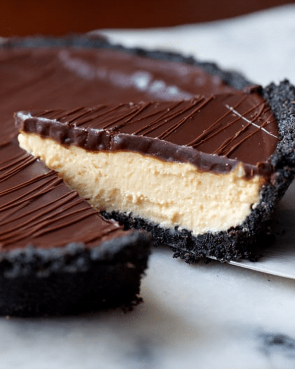 The image shows a close-up of a slice of pie with three clear layers. The bottom layer is a dark, crumbly crust with a rough texture. The middle layer is thick and creamy, pale yellow in color, smooth and dense. The top layer is a glossy, dark chocolate ganache with thin diagonal lines scored across it. The pie rests on a white marbled surface, and there is a white pie server lifting the slice slightly at the bottom. Photo taken with an iphone --ar 4:5 --v 7
