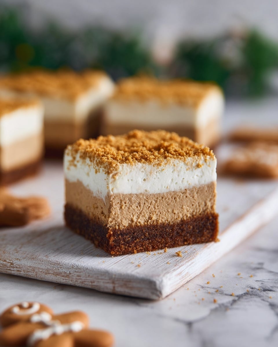 A close-up of a square dessert bar with three clear layers on a white wooden board over a white marbled surface. The bottom layer is a dark brown, crumbly crust that looks crunchy. The middle layer is thick and light brown, with a smooth and slightly porous texture. The top layer is thin and white, topped with a golden brown crumbly sprinkle, giving it a rough texture. In the background, there are more pieces of the same dessert, slightly out of focus, some gingerbread cookies, and green blurred foliage. photo taken with an iphone --ar 4:5 --v 7