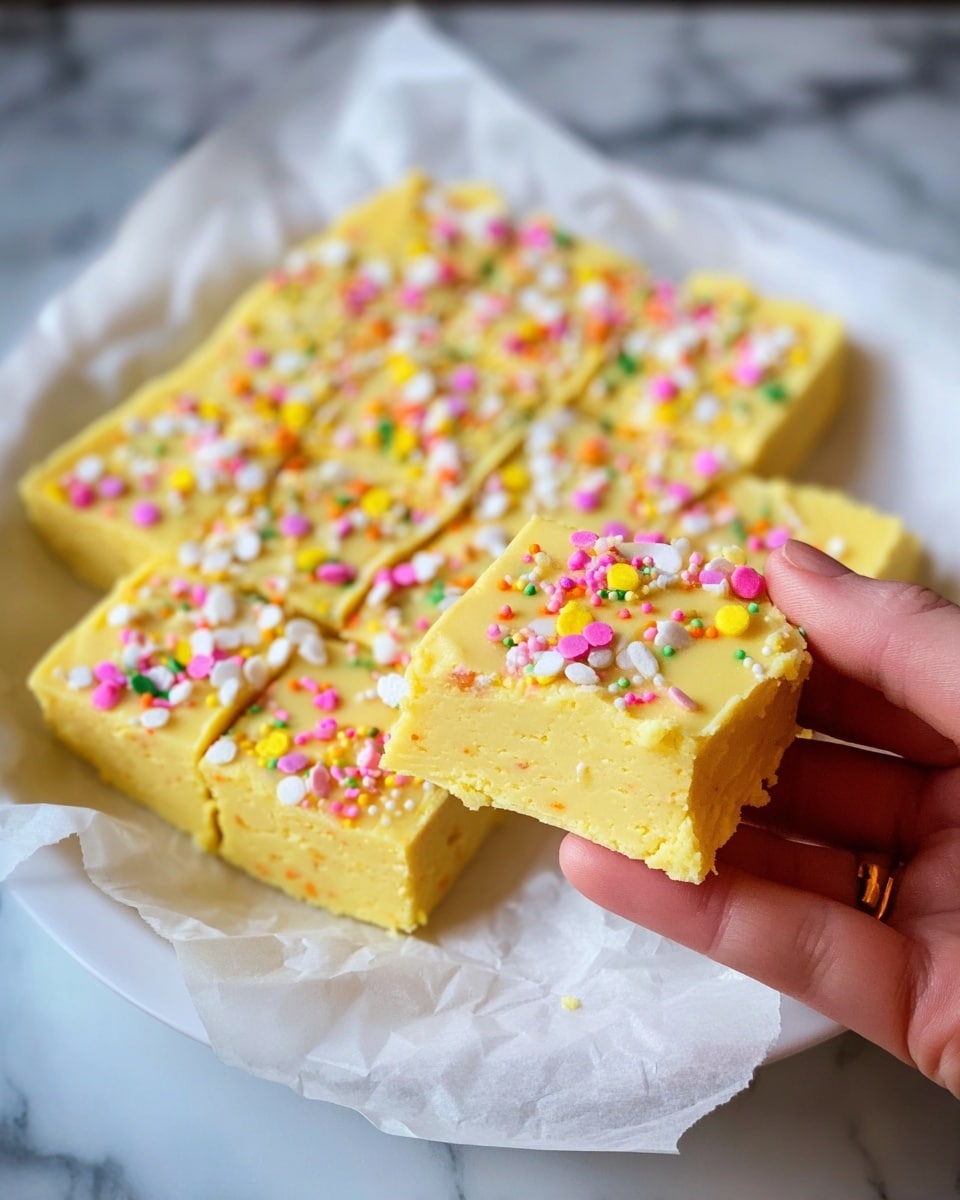 A white plate holds a square-shaped yellow fudge cut into nine pieces, each piece topped with small colorful candy sprinkles in shades of pink, yellow, green, white, and orange. The fudge looks creamy and smooth with a slightly rough texture. One piece is held by a woman's hand in the foreground, showing the thickness and soft texture clearly, with some sprinkles resting on it. The plate is lined with white parchment paper, and the surface beneath has a white marbled texture. photo taken with an iphone --ar 4:5 --v 7