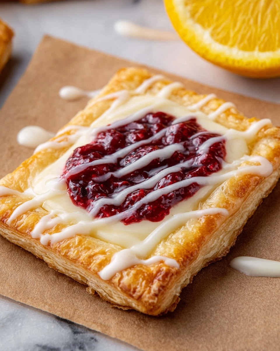A golden-brown square puff pastry base with slightly raised edges holds a thick white creamy layer, topped by a glossy dark red berry filling spread unevenly in the center. Thin white icing lines are drizzled across the top, with extra drips scattered around the pastry on the brown paper. A bright yellow-orange citrus wedge rests in the background on a white marbled surface. Photo taken with an iphone --ar 4:5 --v 7