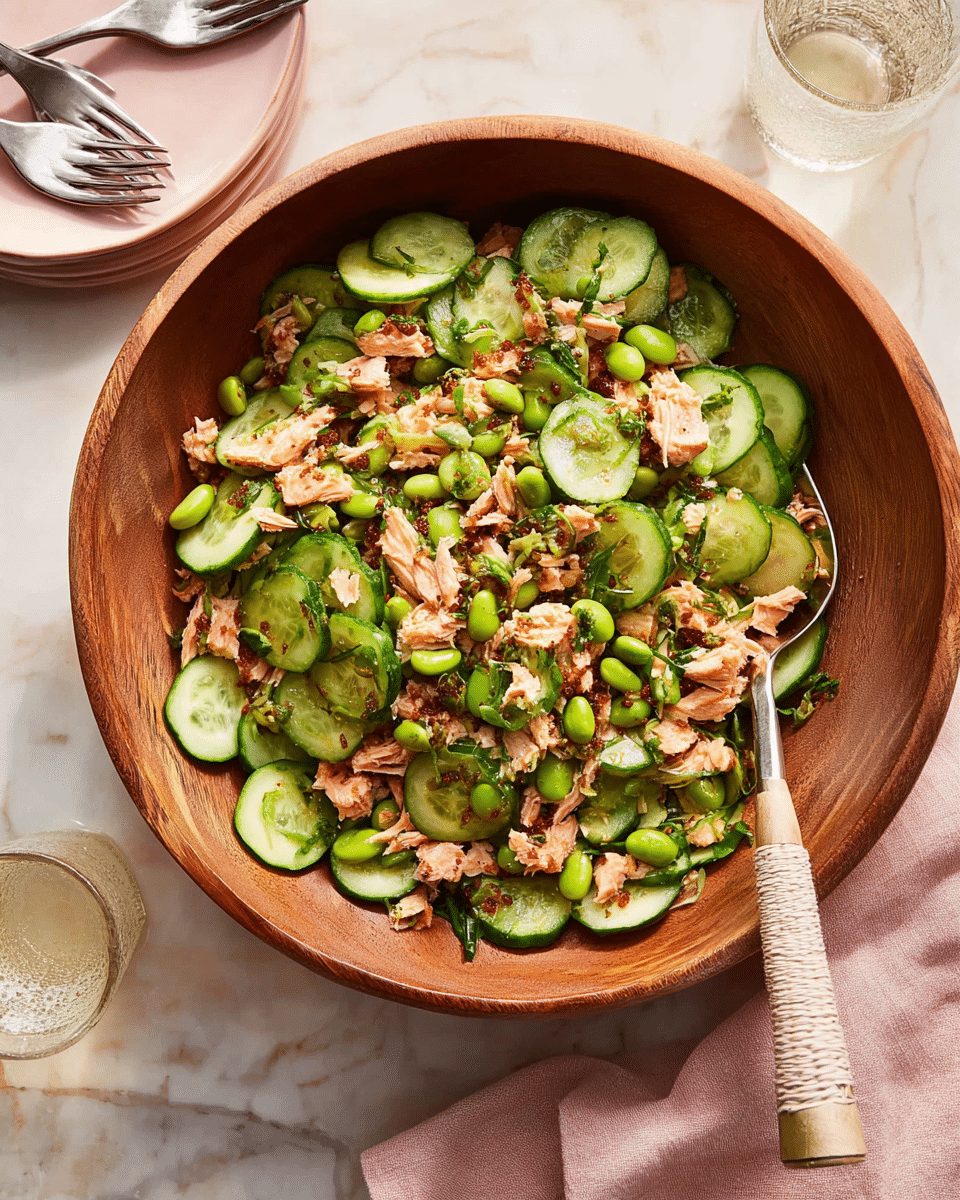 A wooden bowl filled with a fresh salad showing three main layers: thinly sliced cucumber rounds that are bright green and glossy form the base layer throughout. The second layer includes small chunks of cooked, slightly browned salmon scattered evenly. The top layer is dotted with bright green edamame beans and finely chopped green herbs. A serving spoon with a wrapped handle rests inside the bowl. The bowl is set on a white marbled surface with a pale pink plate holding two metal forks and a glass of water nearby, as well as a light pink cloth on the right side. photo taken with an iphone --ar 4:5 --v 7